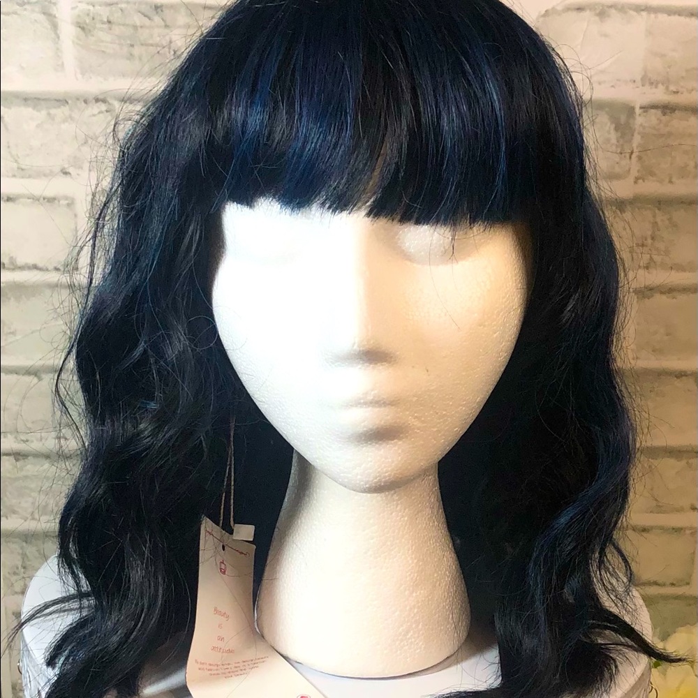 Black with Blue Highlights Shoulder Length Wavy Wig with Blunt Cut Bangs